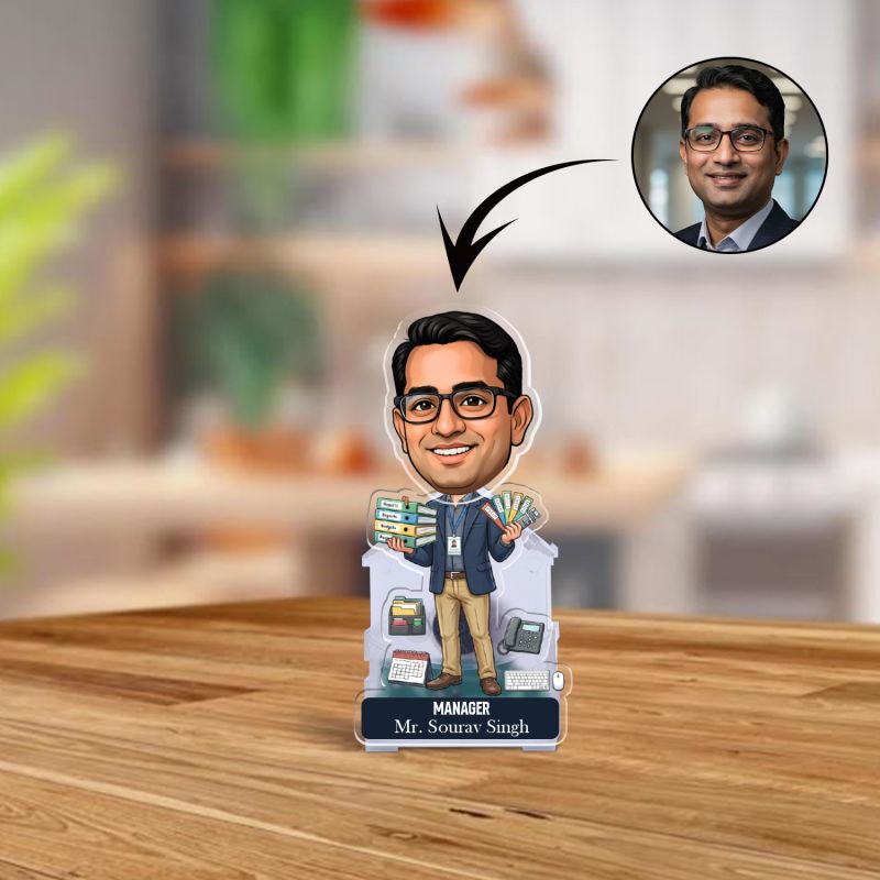 Personalized Office Manager Bobblehead Caricature Table Decor for Office Managers, Team Leads & Corporate Professionals  Gifts for Manager  Battery Powered Moving Head Feature